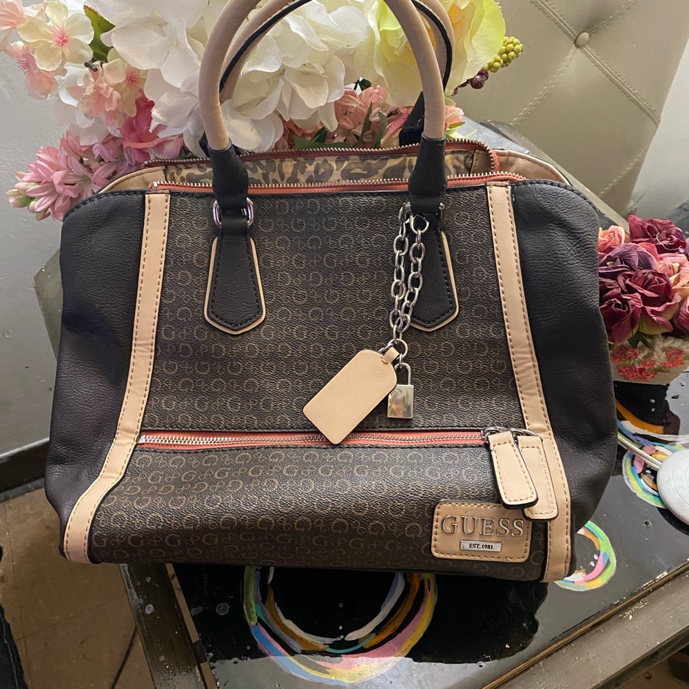 Guess Brown and Tan Satchel with Gold Hardware